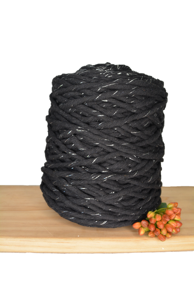 1kg 1ply Macrame Cotton String - 5mm - Black/Silver Metallic Mix