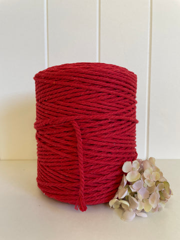 Coloured 3 ply Recycled Macrame Cotton Rope - 3mm - Xmas Red