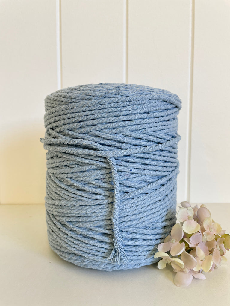 Coloured 3 ply Recycled Macrame Cotton Rope - 3mm - Baby Blue