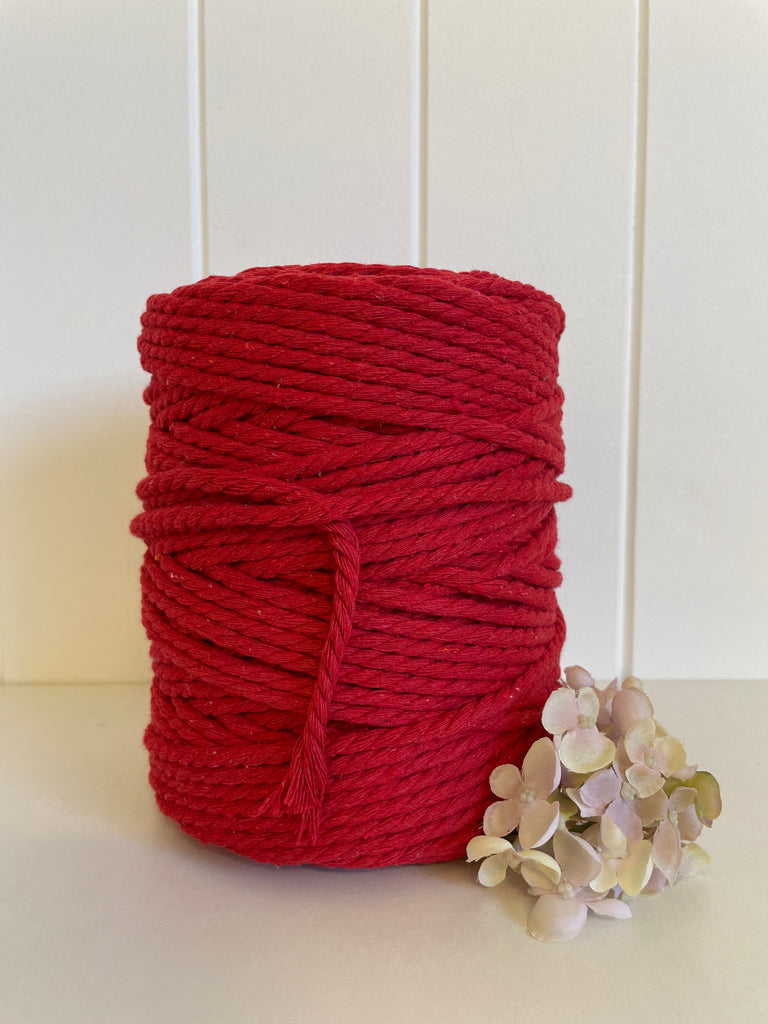 Coloured 3 ply Recycled Macrame Cotton Rope - 5mm - Xmas Red